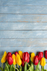 Banner with bouquet of tulips in pink and white colors. Concept of spring. Flowers background.