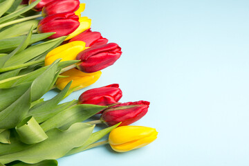 Obraz premium Banner with bouquet of tulips in pink and white colors. Concept of spring. Flowers background.