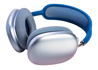 Blue wireless headphones isolated on white background, Blue headphone on white PNG file.