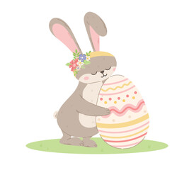 Cute bunny with flowers hugging a decorated Easter egg. Vector isolated cartoon illustration of a rabbit in a clearing.