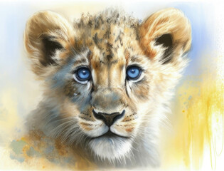 Fototapeta na wymiar A regal lion cub cub with eyes of sapphire fire Cute creature. AI generation.