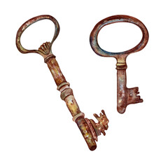 Set of rusty keys watercolor illustration isolated on white background. Metal key ancient hand drawn. Design element for sea adventure collection.