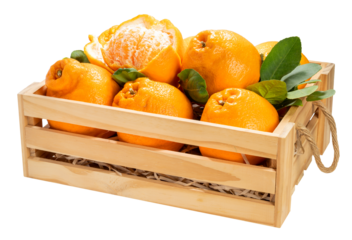 Fresh Orange fruit in Wooden box on white background, Dekopon orange or sumo mandarin tangerine on White Background PNG File.