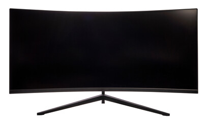 Ultrawide lcd monitor screen isolated on white background, Front view of television or computer...