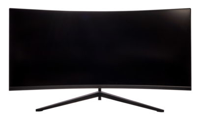Ultrawide lcd monitor screen isolated on white background, Front view of television or computer screen on white PNG file.