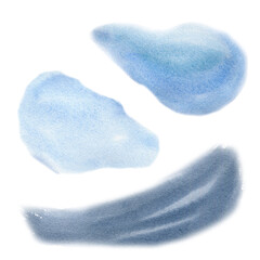Blue watercolor paint stains isolated on white background. Abstract watercolor splash with grey, navy blue color hand drawn. Element for design sea adventure collection.