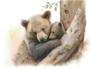 A cuddly bear cub snuggling up against its mother under a tree. Cute creature. AI generation.