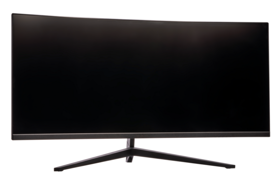 Ultrawide lcd monitor screen isolated on white background, Front view of television or computer screen on white PNG file.