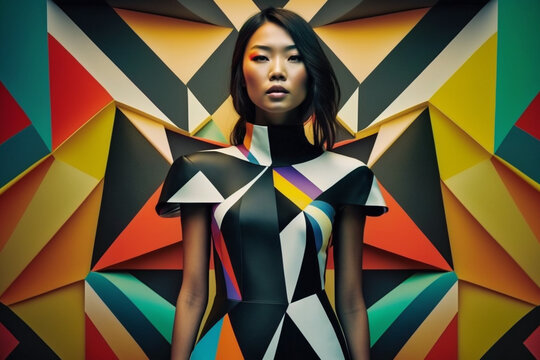 Fototapeta portrait of a beautiful futuristic woman on colorful background
