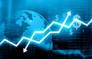 Up and down arrows on global stock business background. 3d illustration..
