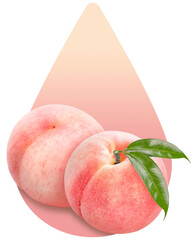 Peach fruit with leaf on pink water drop shape background, Fresh Peach on pink Background PNG File.