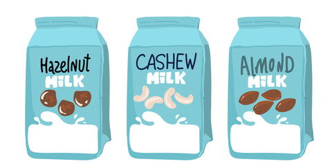 Set of different vegetable milk - almond, rice, coconut, soybeans. Vegan, vegetarian product for cooking food and drink.