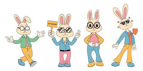 Obraz na płótnie Canvas Groovy hippie Happy Easter characters. Set of Easter bunnies in trendy retro 60s 70s cartoon style.
