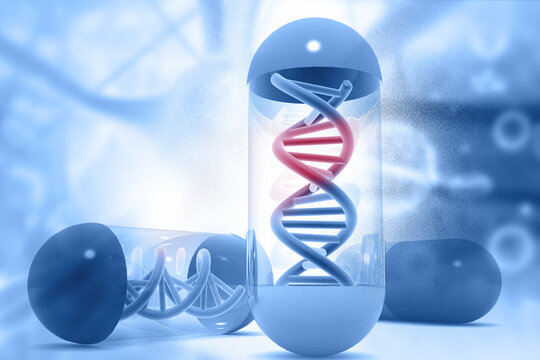 DNA in medicine pills. Genitic medicine on medical background. 3d illustration.