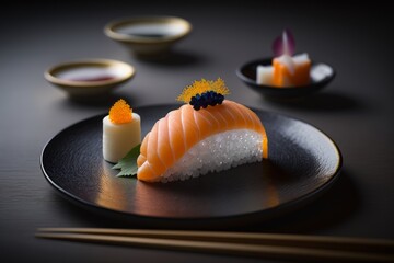 Nigiri sushi on a luxurious plate, Japanese traditional food. Made by Ai, artificial intelligence.