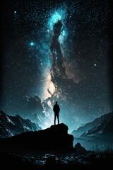Fototapeta premium The silhouette man on the cosmic background of the Universe. Generative Ai