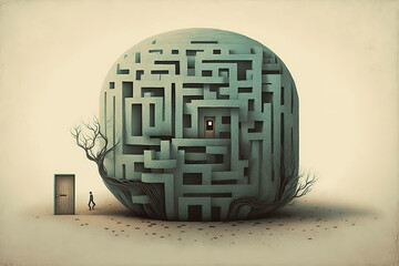 The maze in the shape of a human head. Generative Ai technology.