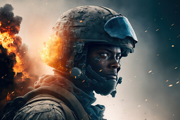 portrait of black soldier in a helmet and modern ammunition on battlefield against the background of explosions. Generative AI