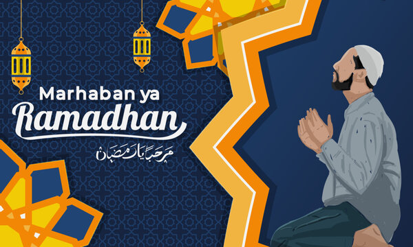 Islamic background greeting Marhaban ya Ramadhan which means welcome Ramadhan