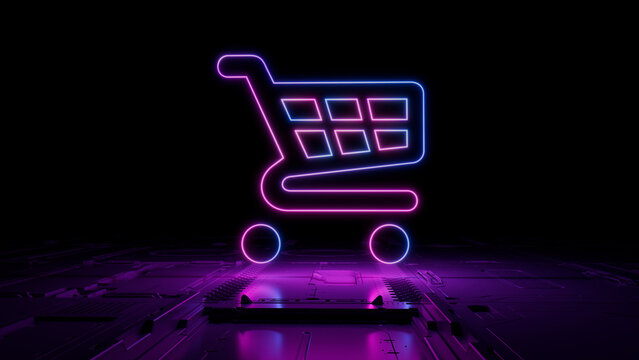 Pink and Blue neon light shopping icon. Vibrant colored Ecommerce technology symbol, on a black background with high tech floor. 3D Render