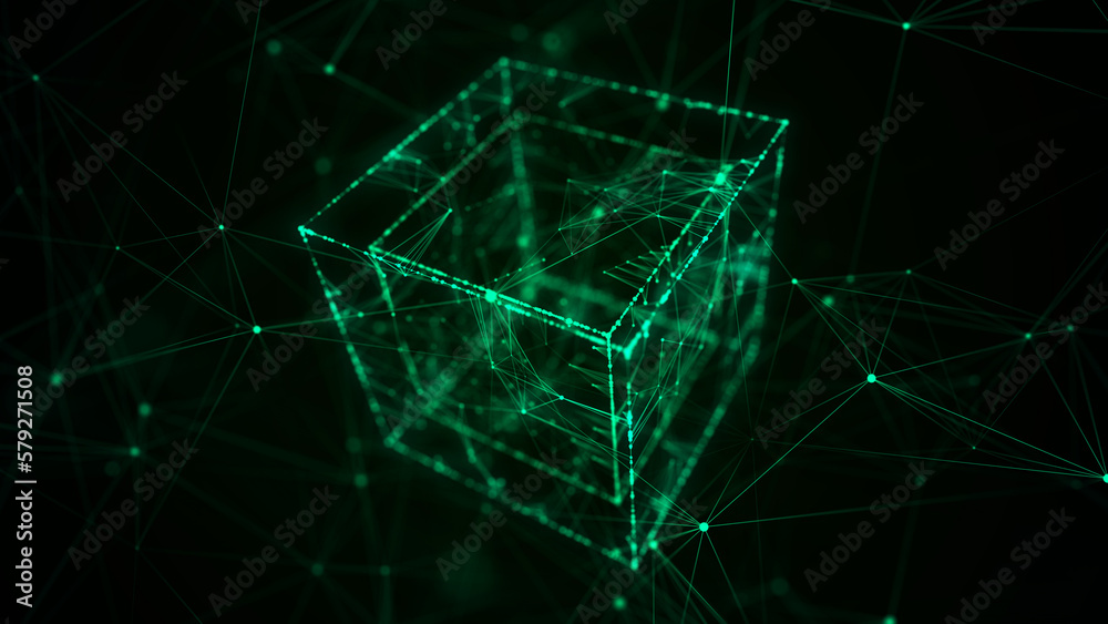 Poster Futuristic cube with connected particles in cyberspace. Technology blockchain concept. Big data flow connections. Visualization of the dynamic flow of the cryptocurrency industry. 3D rendering.