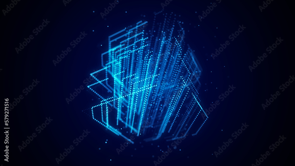 Poster Futuristic cube with connected particles in cyberspace. Technology blockchain concept. Big data flow connections. Visualization of the dynamic flow of the cryptocurrency industry. 3D rendering.