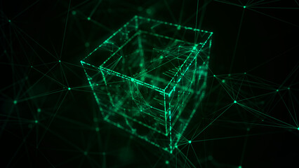 Futuristic cube with connected particles in cyberspace. Technology blockchain concept. Big data flow connections. Visualization of the dynamic flow of the cryptocurrency industry. 3D rendering.