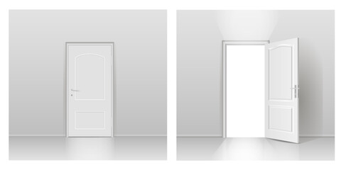 Naklejka premium Two interiors with open and closed doors. Free space for copying, 3d images, banner. 