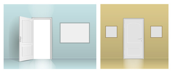 Two interiors with open and closed doors.
Free space for copying, 3d images, banner. 