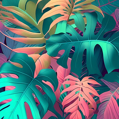 Background of monstera leaves. Generative AI.