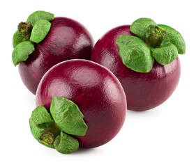 three tropical mangosteens isolated on white background. clipping path