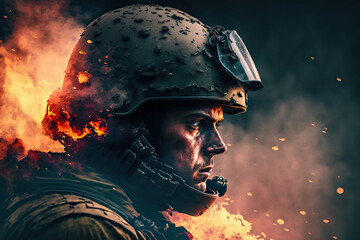portrait of soldier in helmet and modern ammunition at war in battle. Generative AI © alexkoral