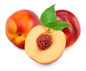 Nectarine with green leaf and half of nectarine isolated on white background. clipping path