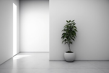 Fototapeta na wymiar A new plant on a blank white wall. Generative AI