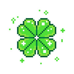 Obraz premium Four leaf clover pixel art, Pixel Four leaf clover with sparkle 