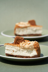 Cheesecake dessert on pastel background with copy space