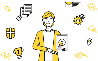 DXのイメージ、デジタル技術を利用して業務改善を行う定年退職したシニア・中年女性