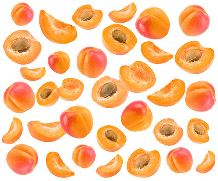 apricot backgrount. appricot texture. appricot fruits with slices isolated on white background. clipping path
