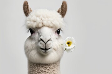 Obraz na płótnie Canvas White alpaca portrait with a flower in its mouth, blurred out against a white background. Generative AI