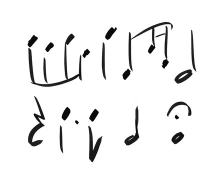 Musical notes drawings doodle set on transparent background. Collection of isolated hand drawn musical notation including eighth notes, quarter notes etc.
