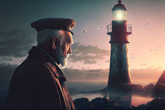 elderly man lighthouse keeper at dawn in morning. Cartoon drawn style. Generative AI