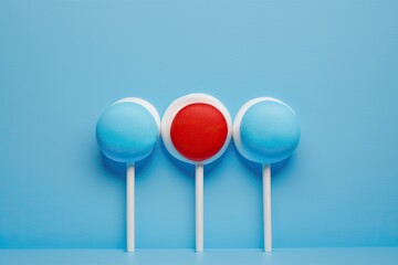 Candy in the shape of three red balls on white sticks. A blue background with a white lollipop in the center. Minimalist asymmetrical gummies. Generative AI