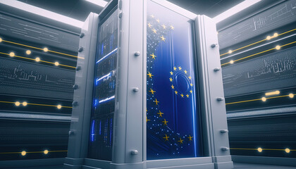 AI quantum computing in server room, AI act, European Union flag 