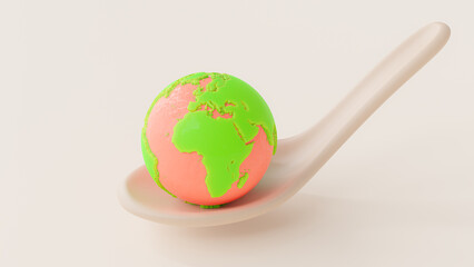 Ice cream or Sweets dessert in shape of globe pink green color on spoon. Minimal idea concept. 3d Render.
