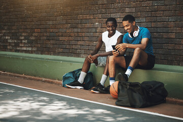 Smartphone, basketball and black people friends with chat mobile app, 5g social networking or training results update on internet. Relax, sports and athlete men using phone for social media community