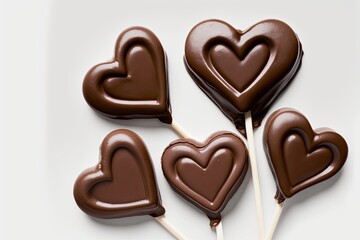 Fototapeta premium Chocolate heart shaped lollipops with a white background. Generative AI
