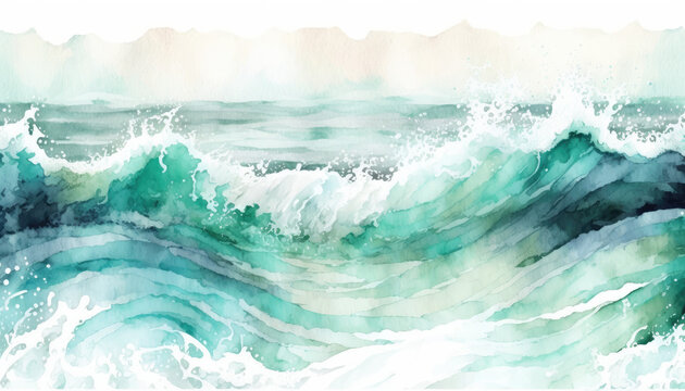 pastel deep aqua, ocean, wave, seafoam background. Blue and white watercolor © Papanada