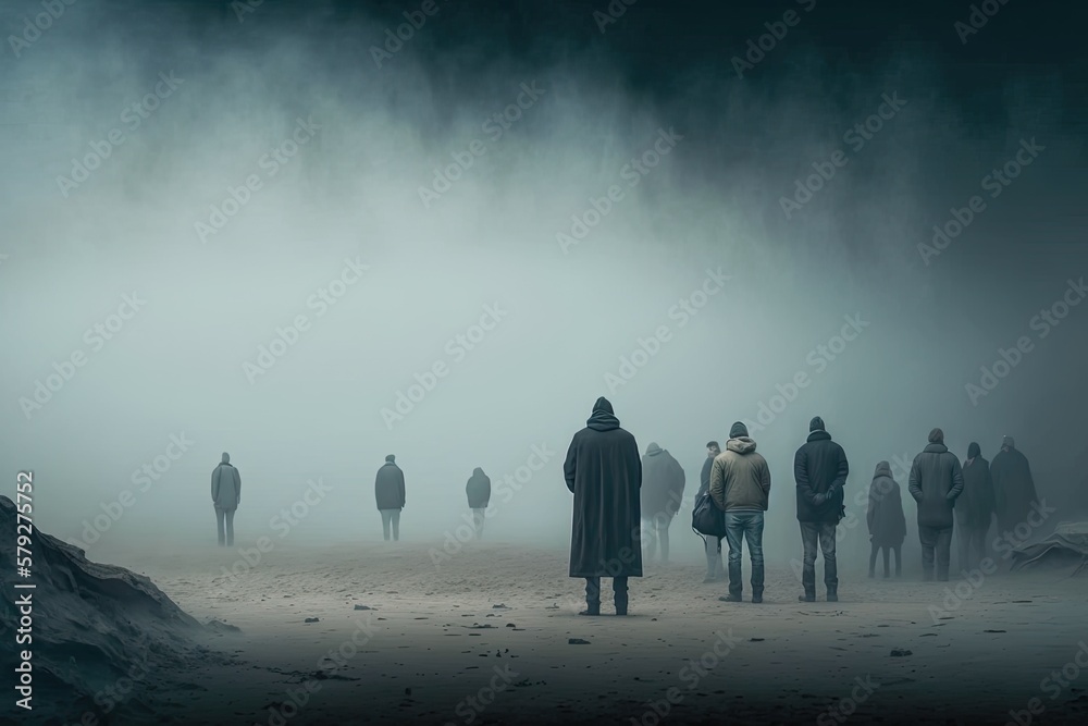 Poster a photo of a foreboding scene with a group of people standing on a beach beneath a foggy sky. genera