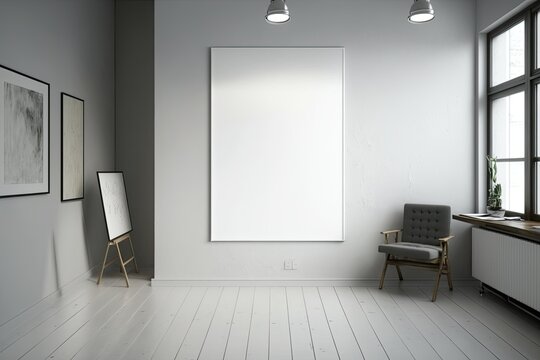 White blank poster on a grey wall in an open workplace with white walls and light furnishings and a wooden floor. Perform an exercise in mockery. Generative AI