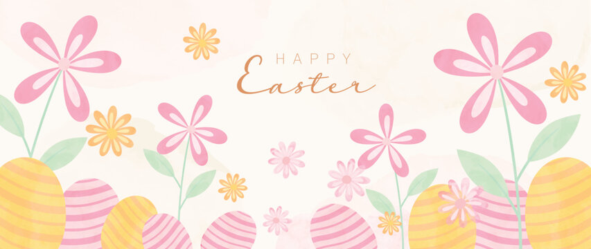 Happy Easter watercolor element background vector. Hand painted easter eggs pastel color with spring flowers and leaf branch. Collection of adorable doodle design for decorative, card, kids, banner.